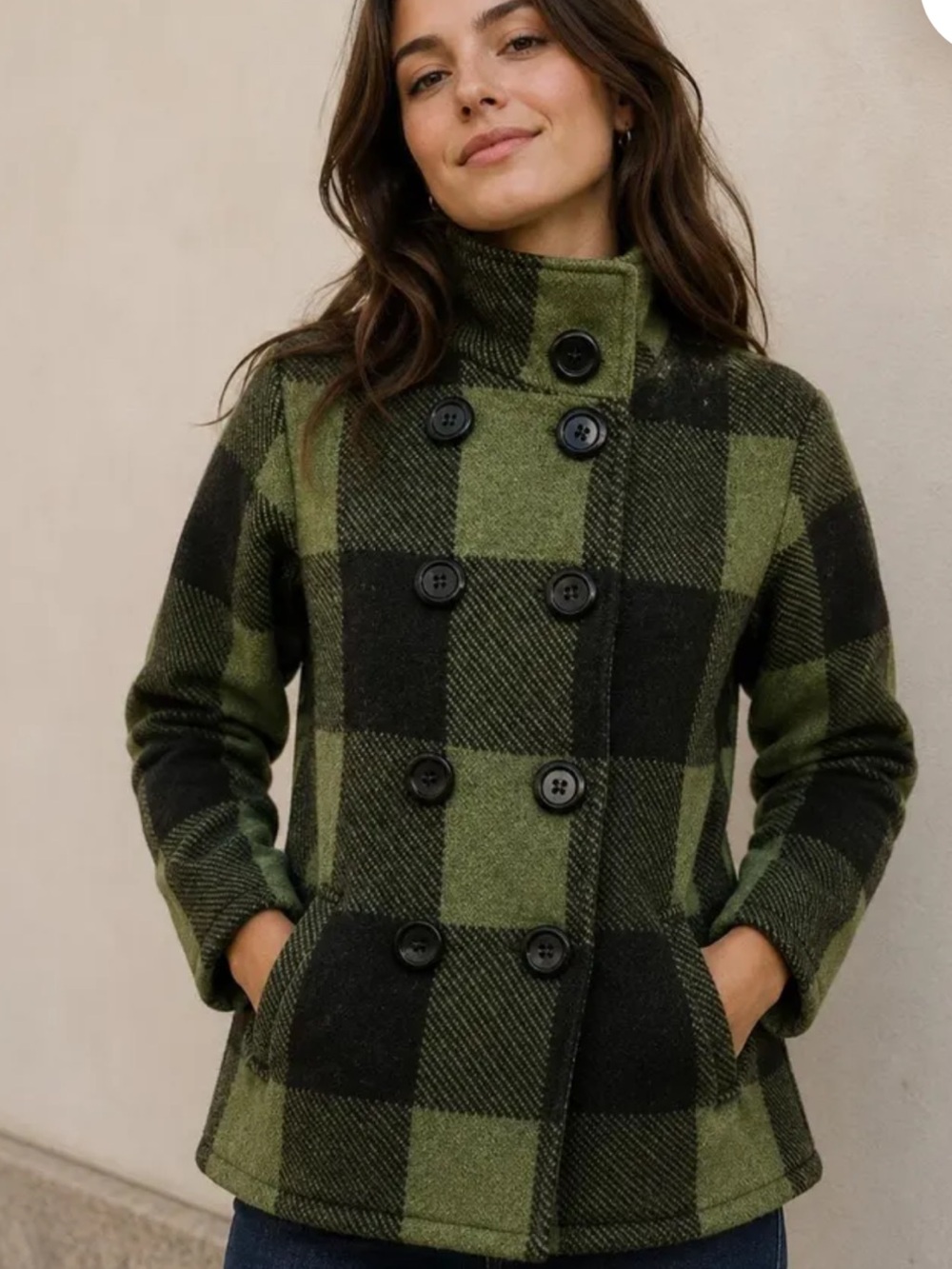 VTG Keren Hart 100% Wool Green Buffalo Plaid Double Breasted Peacoat